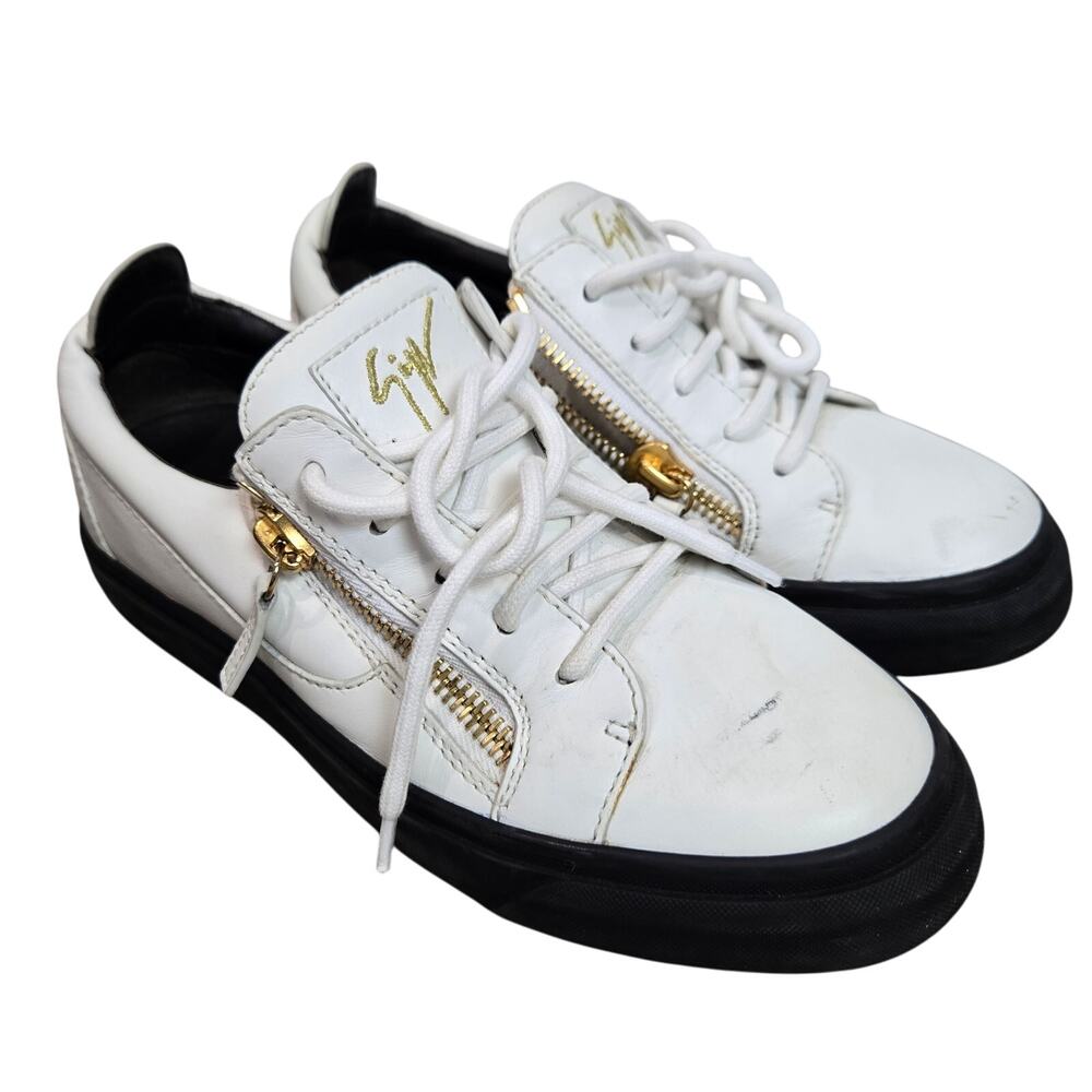 Giuseppe Zanotti Gale White Leather Sneakers Shoes Gold Zippers Streetwear US 7